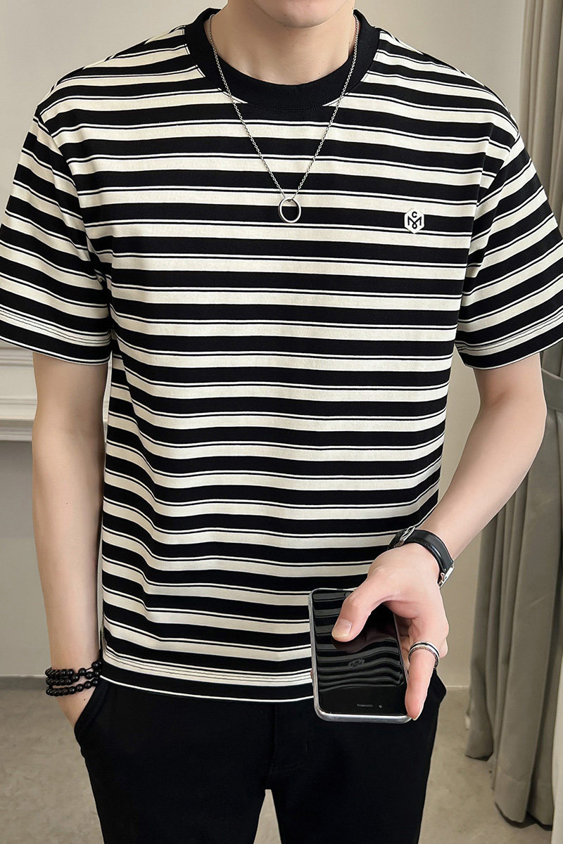 2025夏男款幸运符贴标经典条纹修身短袖T恤A230-882757-P50(控75),男装T恤,电商A230