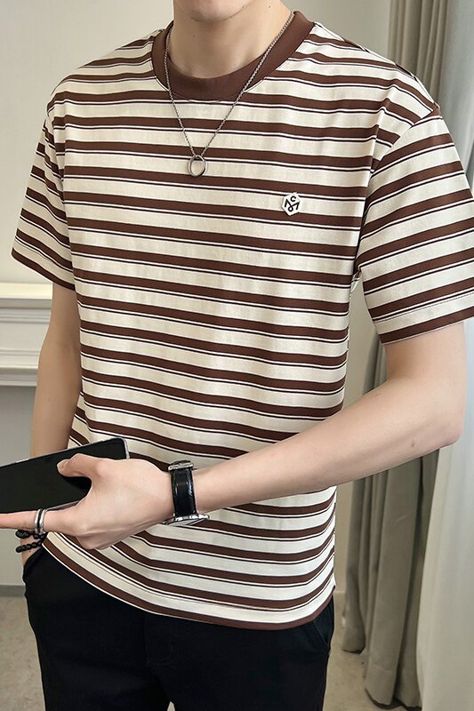 2025夏男款幸运符贴标经典条纹修身短袖T恤A230-882757-P50(控75),男装T恤,电商A230