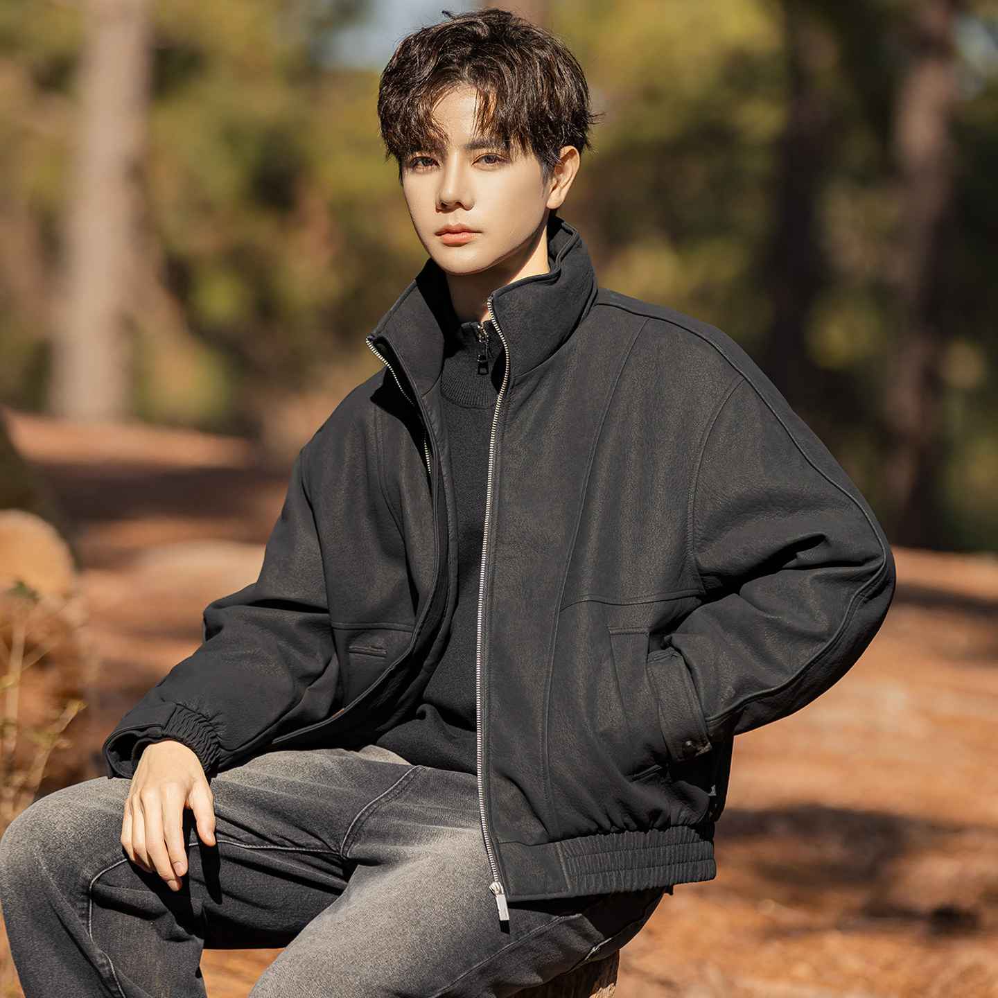 2025冬男微宽松立领标90白鸭绒皮羽绒服A230-2586-P268(控368)，男装羽绒服，电商A230