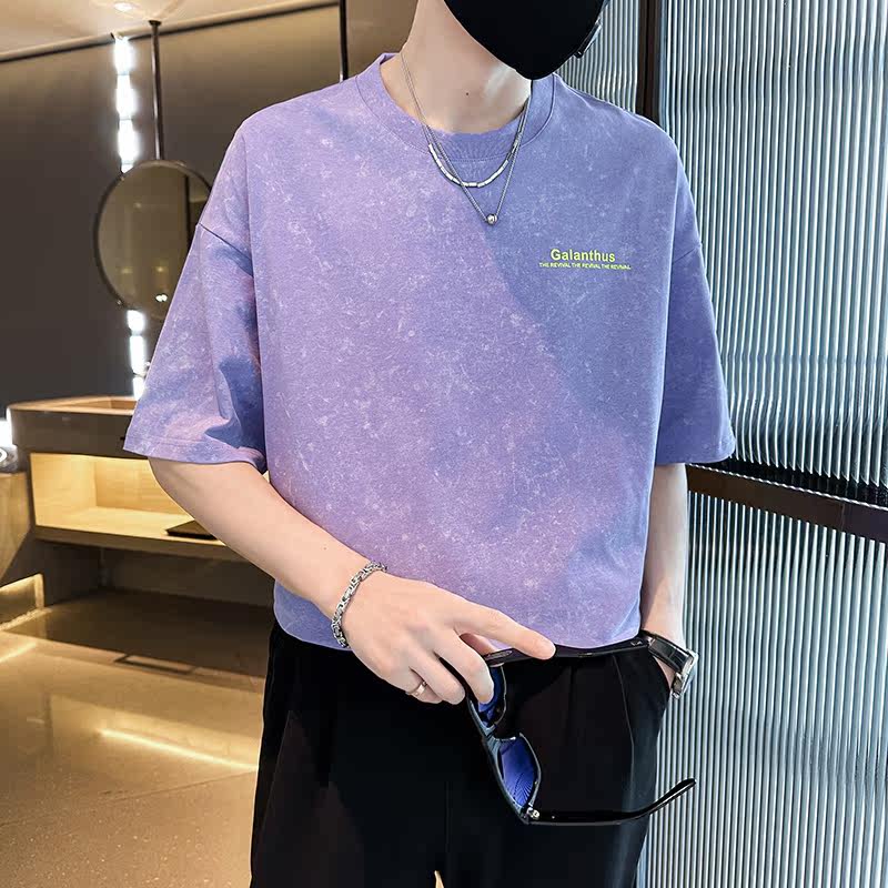 2025年夏男款宽松版水洗花字母胶印圆领短袖A230-88851-P50(控78),男装T恤,电商A230