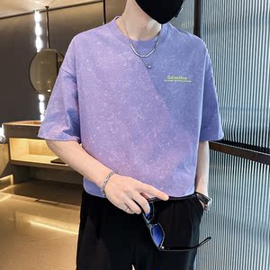 2025年夏男款宽松版水洗花字母胶印圆领短袖A230-88851-P50(控78),浅蓝搭配深色牛仔好看吗图片