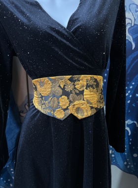 松紧腰浮雕提花加衬腰封复古文艺汉服腰带时尚优雅连衣裙束腰黑色