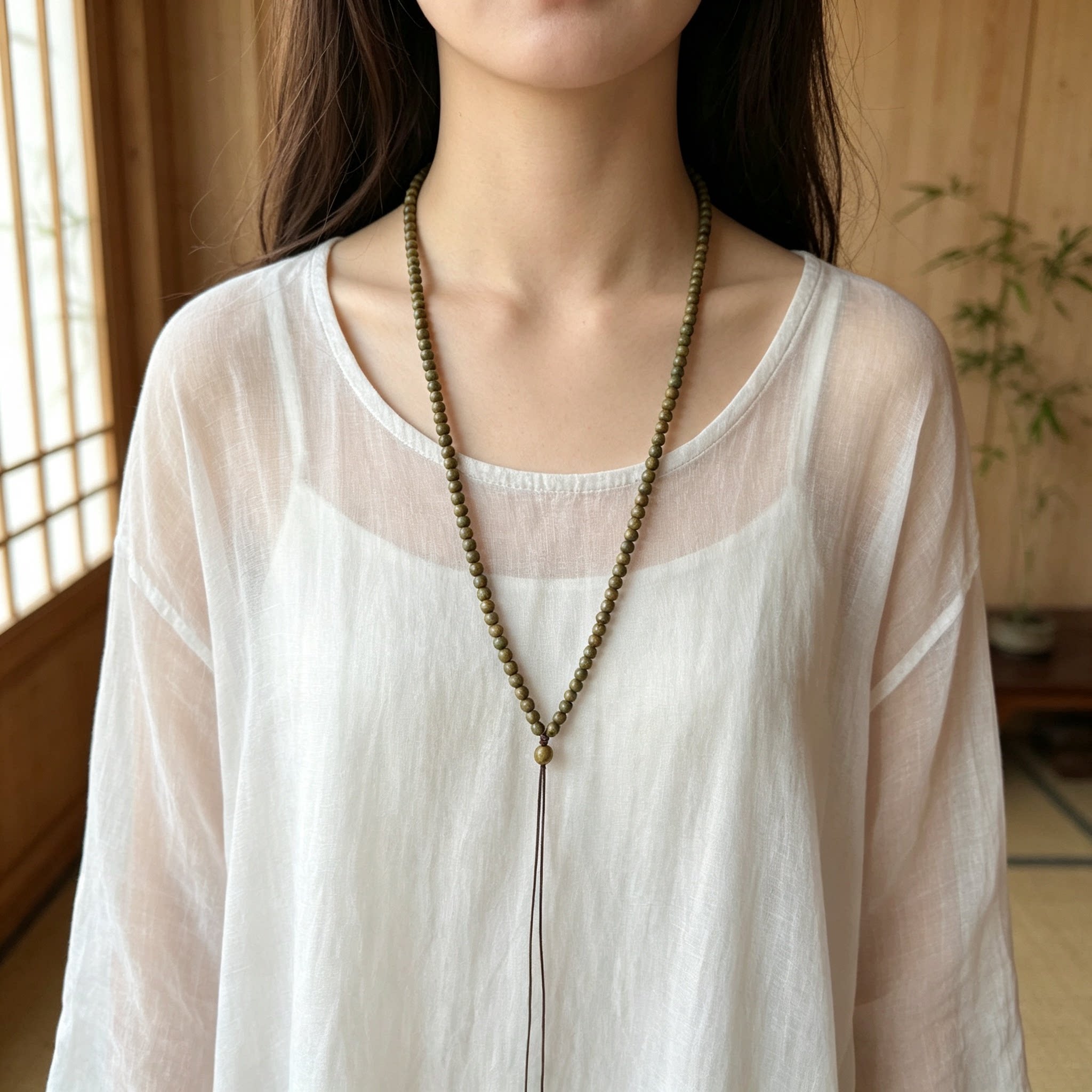 天然绿檀木圆珠吊坠项链毛衣链绑绳男女挂坠简约素雅百搭清香468m