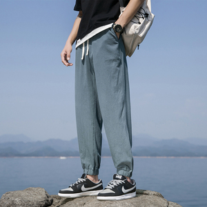 K800男生裤子春秋款棉麻长裤潮牌夏季小脚亚麻男裤束脚休闲九分裤图片
