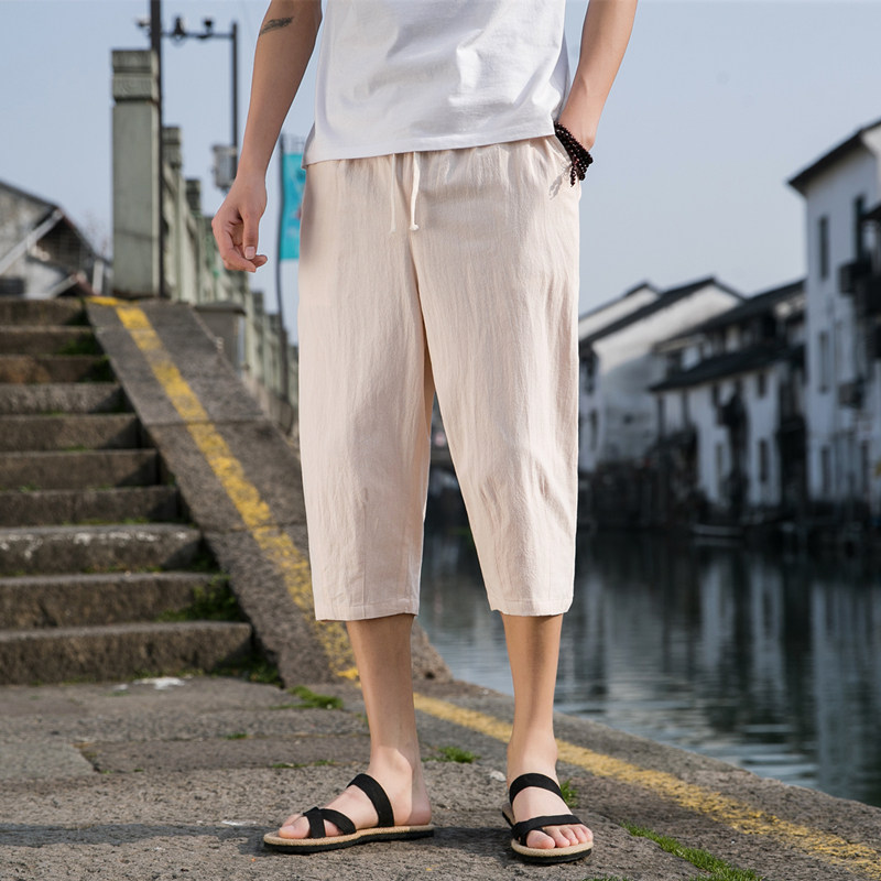 夏季休闲裤男百搭棉麻宽松亚麻裤韩版潮流七分裤八分直筒K821P20,男装牛仔裤,四季星座303A