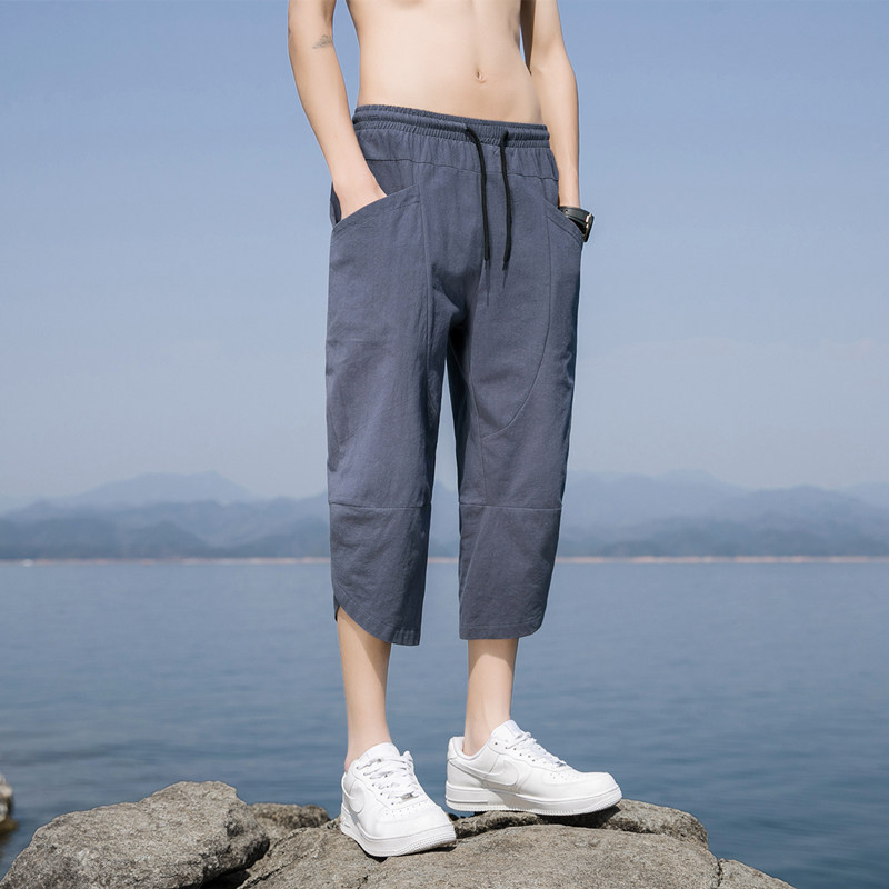 K88 P23新款裤子男薄款宽松直筒棉麻运动裤沙滩裤亚麻休闲图片