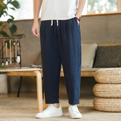 Summer casual pants men's versatile cotton hemp loose linen pants Korean Trend Capris pants straight tube