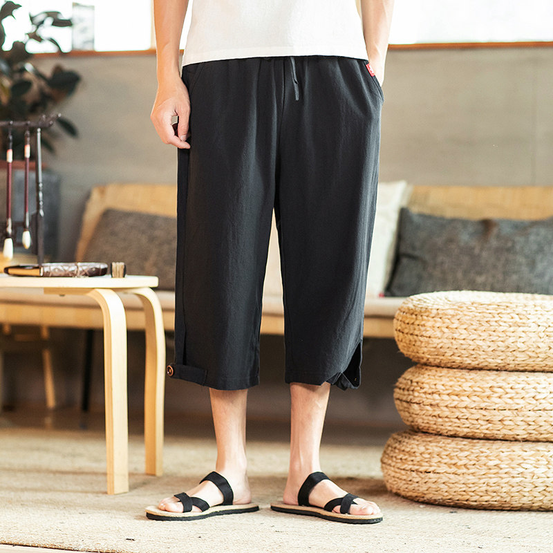 夏季宽松薄款风亚麻短裤男大码阔腿休闲裤哈伦棉麻七分裤K57，男装牛仔裤，四季星座303A