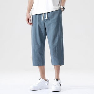 夏季休闲裤男百搭棉麻宽松亚麻裤韩版潮流七分裤八分直筒K821P20图片