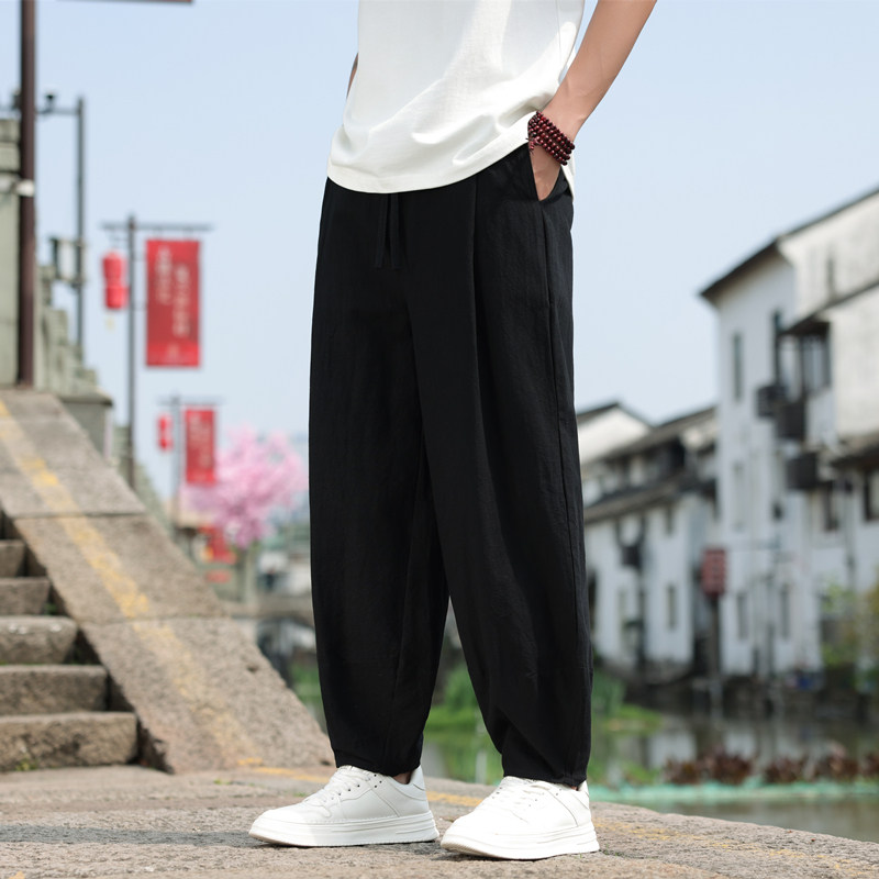 亚麻裤夏季新中式纯色街头宽松大码胖人棉麻束脚灯笼裤男K158,男装休闲裤,四季星座303A