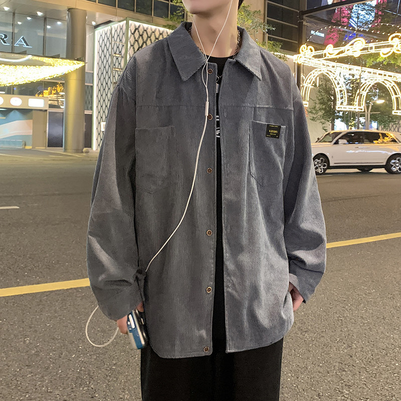 杏色灯芯绒休闲衬衫男长袖胖子大码宽松春秋复古日系工装衬衣外套,男装夹克,四季星座303A