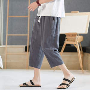 夏季休闲裤男百搭棉麻宽松亚麻裤韩版潮流七分裤八分直筒K821P20
