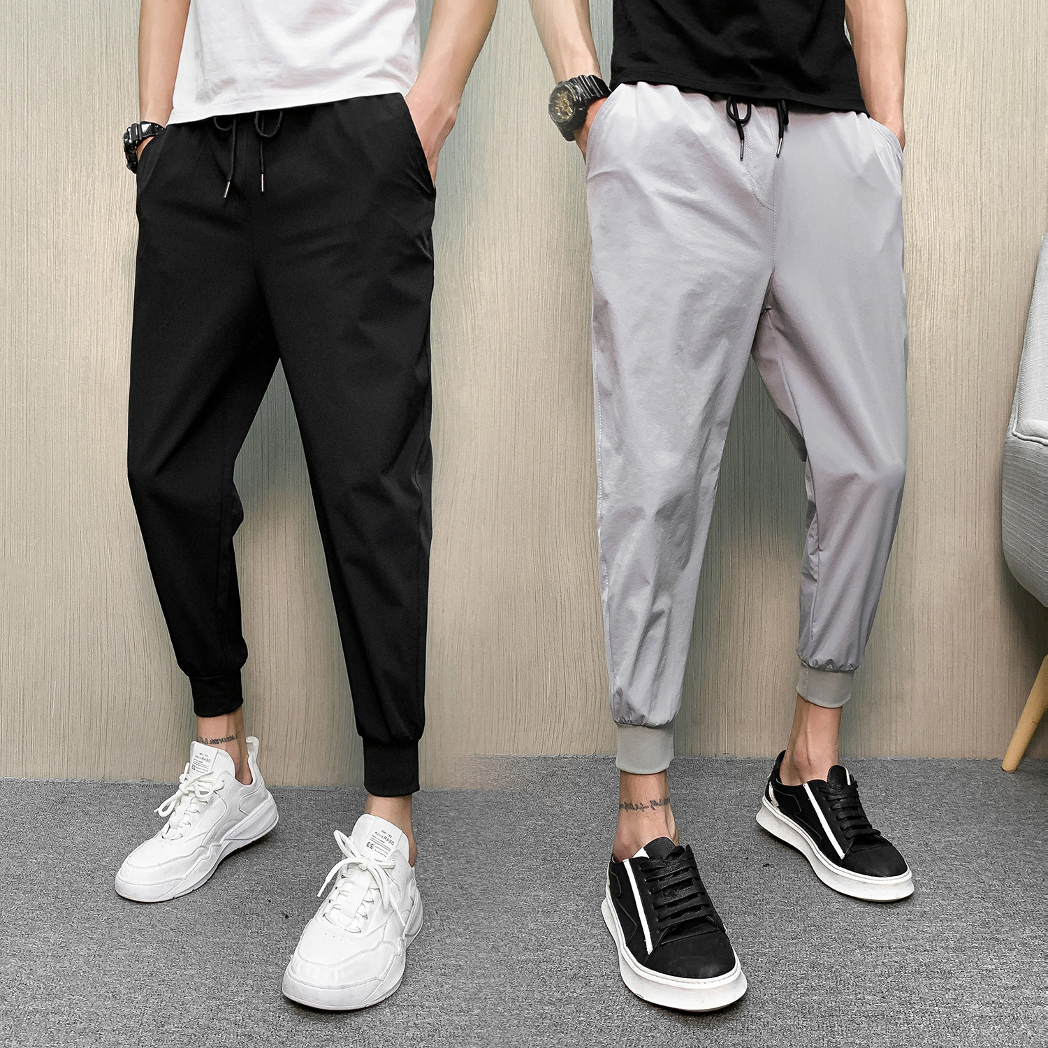 冰丝夏天裤子男超薄款夏季透气运动潮流夏装修身休闲裤K011+K022图片