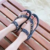 牛筋复古圆头串珠水钻平底轻便耐用时髦 软底鞋 西米亚凉鞋 凉鞋