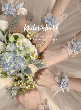 唯美蓝色花朵纱蝴蝶蕾丝结手花新娘伴娘手腕花表演跳舞手环