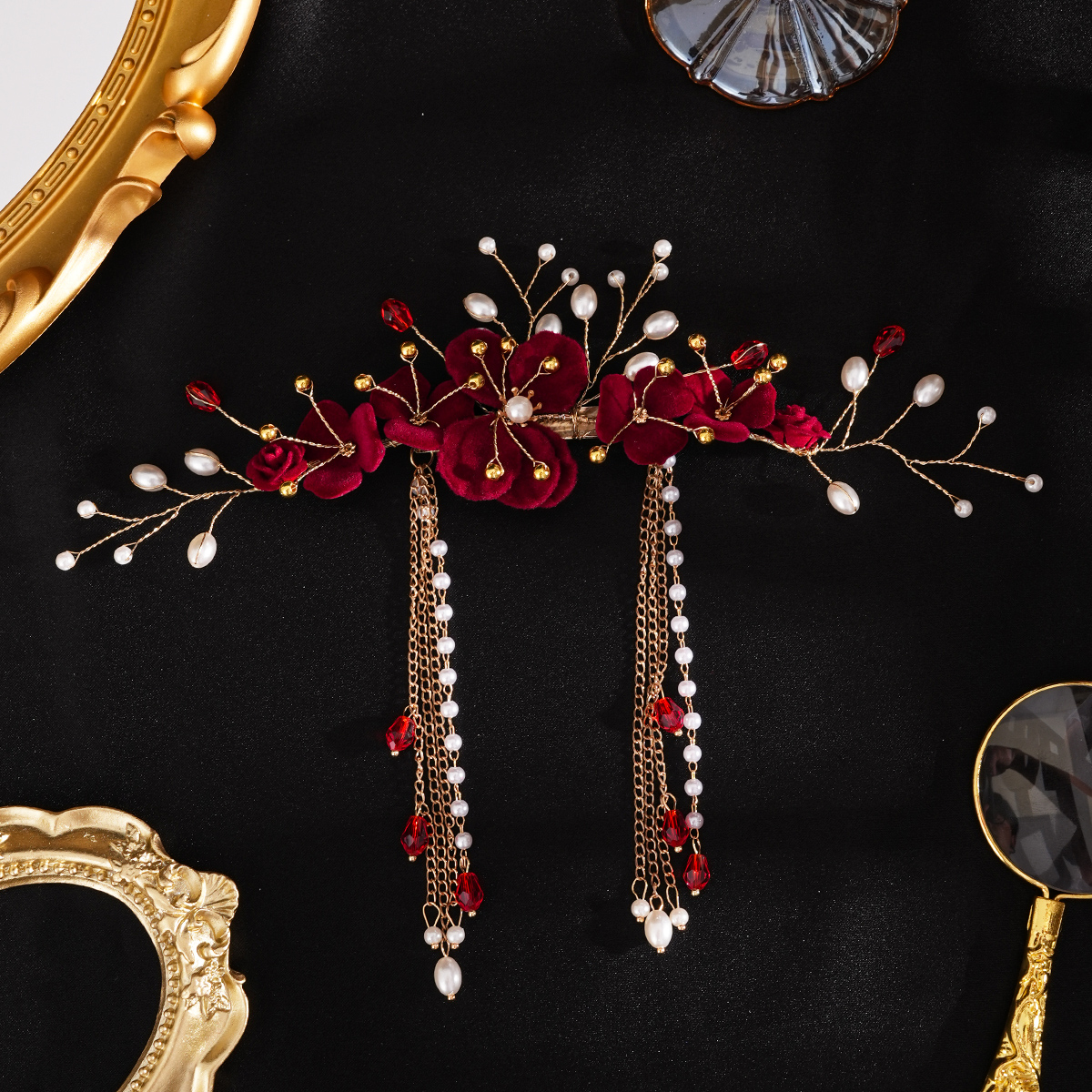 古风汉服发夹女后脑勺古典软簪禾秀服新娘头饰大气红色配旗袍仙气