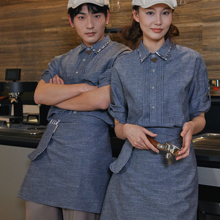 2025亿珑春夏新款棉麻小方领袖口撞色休闲衬衫咖啡厅烘培工坊工装