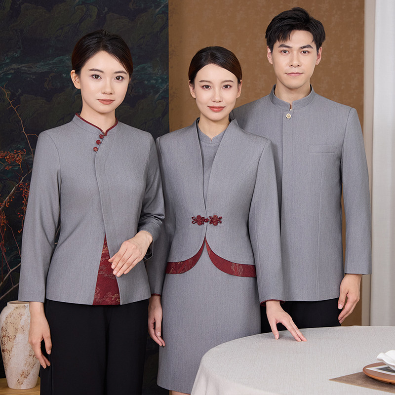 25亿珑新款秋冬酒店前台领位服务员传菜新中式灰搭祥瑞红系列工装