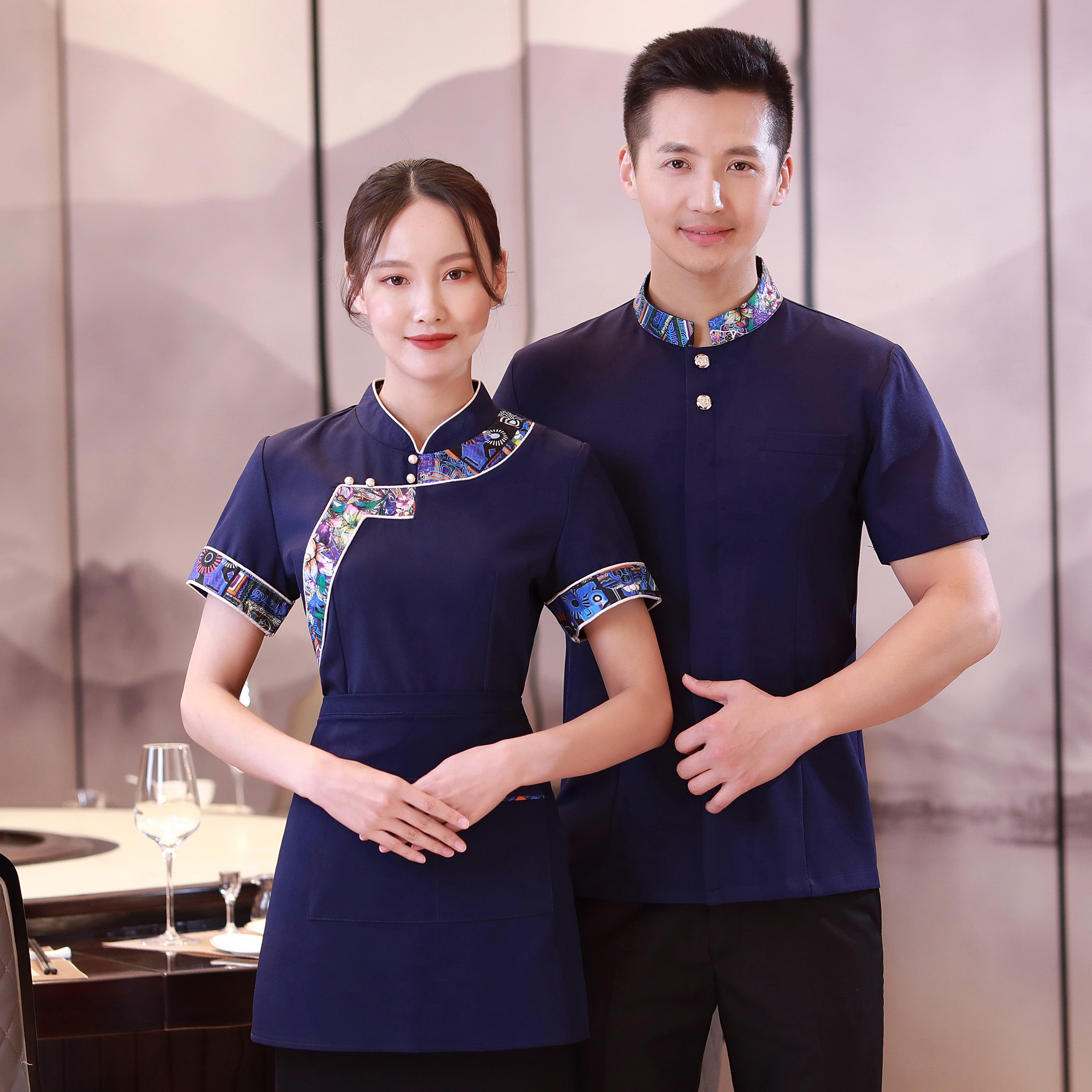 21亿珑五色花中式酒店服务员工作服男女同款中餐厅茶社大码工装