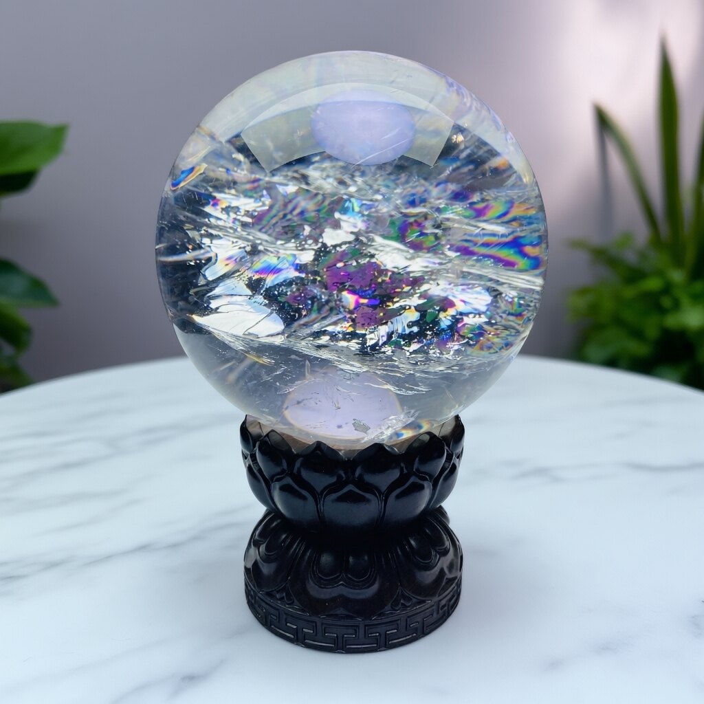 巴西天然温感彩虹白水晶球高透