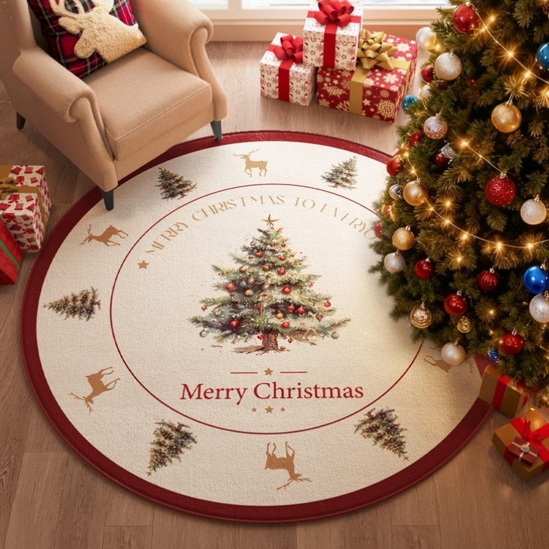 圣诞地毯客厅卧室圣诞节装饰圣诞树底垫红色圆形喜庆地垫麋鹿毯子