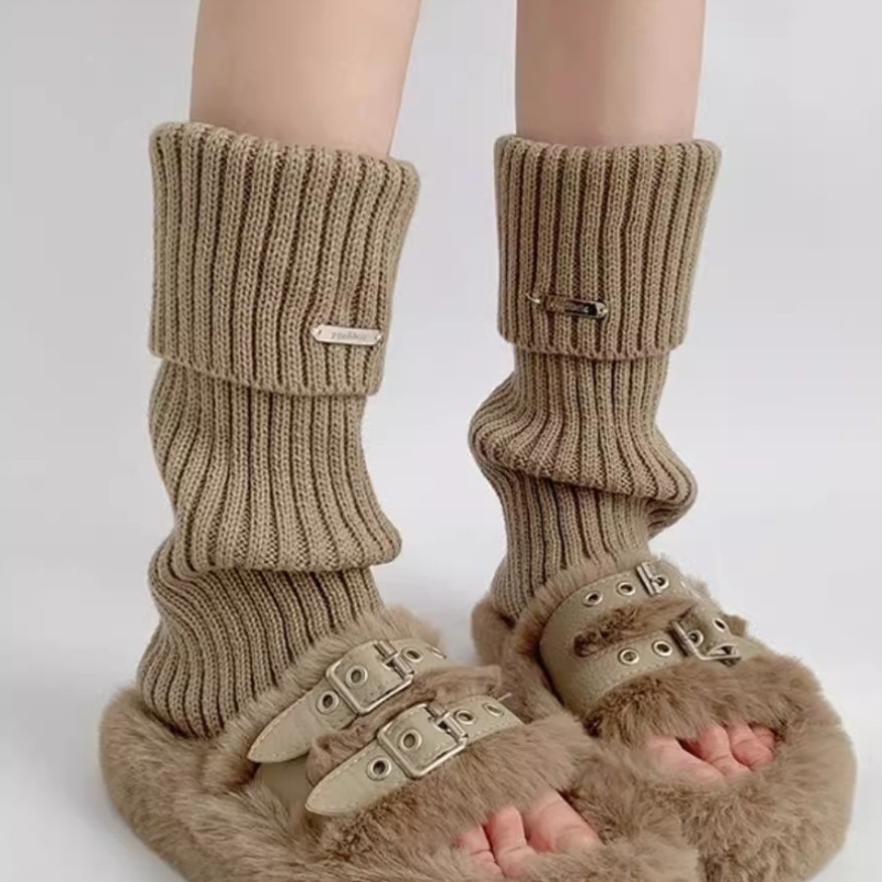 秋冬宽松腿套日系少女百搭金属标堆堆袜套保暖针织美腿鞋套长筒袜