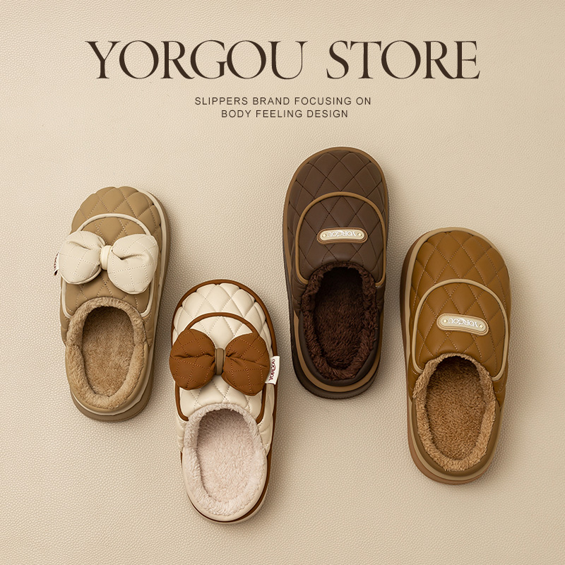 远港蝴蝶结棉拖鞋冬天防水毛绒