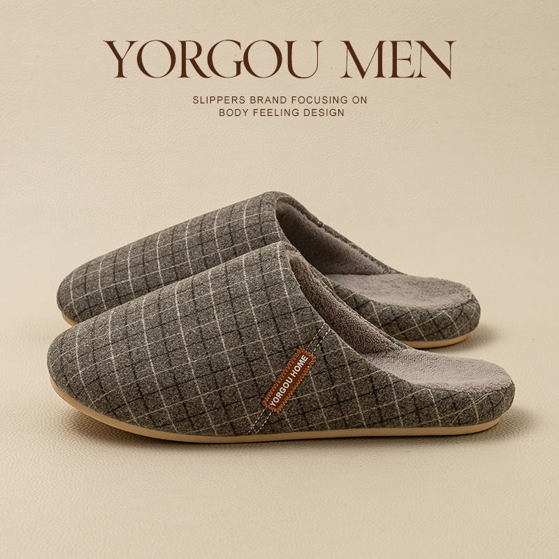 远港男式格子棉拖鞋软底大码