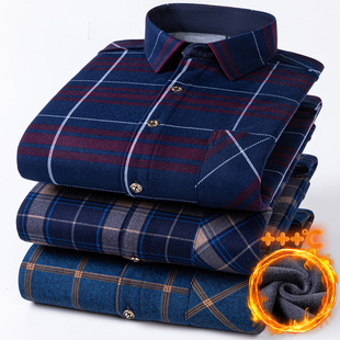 衬衣 男条纹印花宽松加肥大码 保罗秋冬加绒加厚格子长袖 保暖衬衫