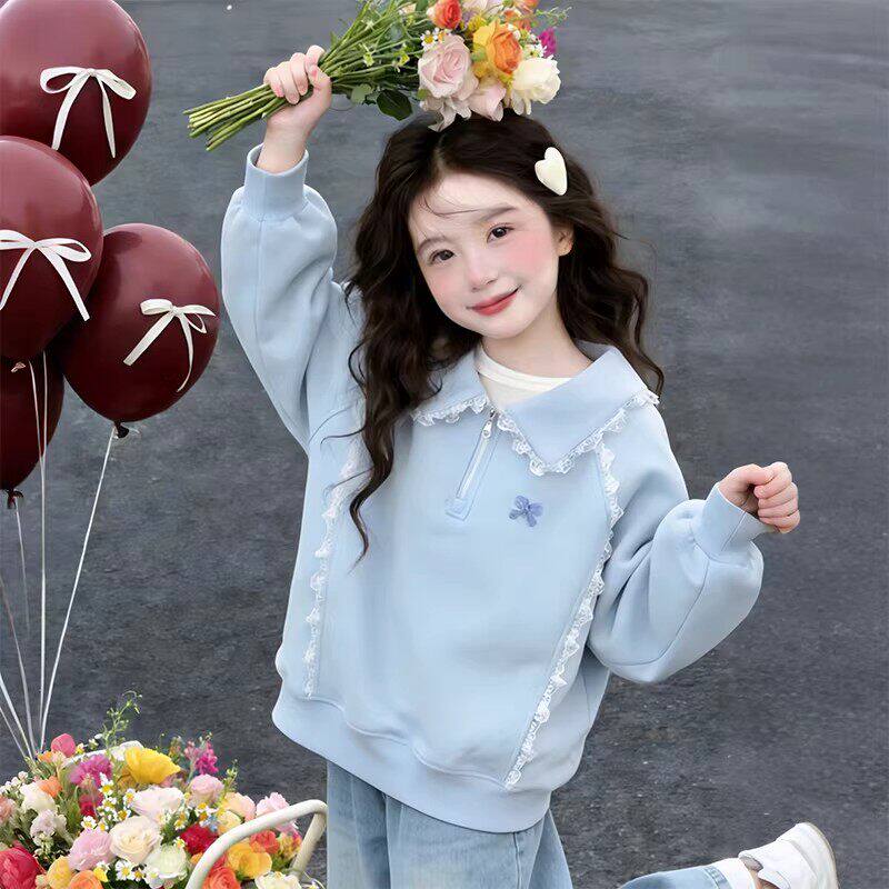 上衣女童拉链儿童卫衣休闲春秋新款洋气半花边衫2026polo春装女孩