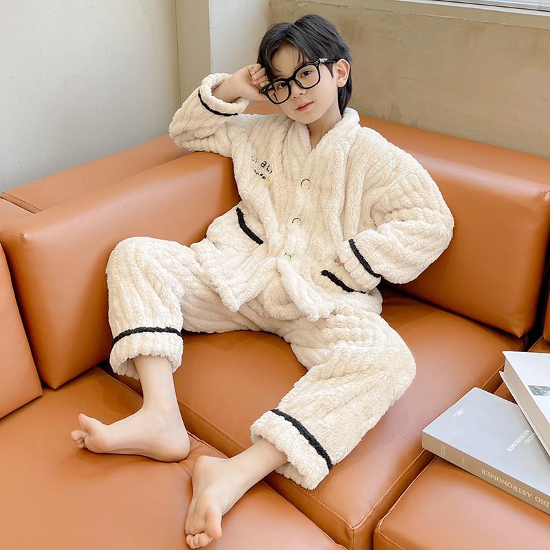 儿童珊瑚绒睡衣家居服款大男童法兰绒开衫加厚小孩秋冬季保暖套装
