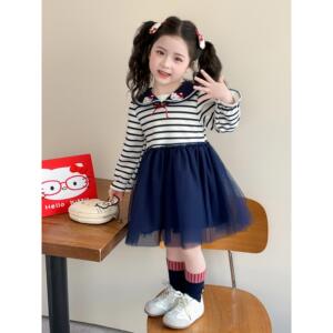网纱儿童款纱裙春秋领海军裙子宝宝春款条纹猫咪2026连衣裙女童女