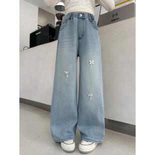 2026亮片裤花朵直筒新款腿钻烫阔春秋春季潮裤子女童牛仔裤中大童