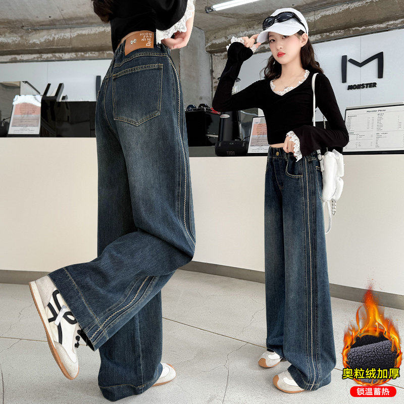 儿童冬季裤子秋冬阔腿牛仔裤2025一体加绒冬天女童绒加厚大童新款