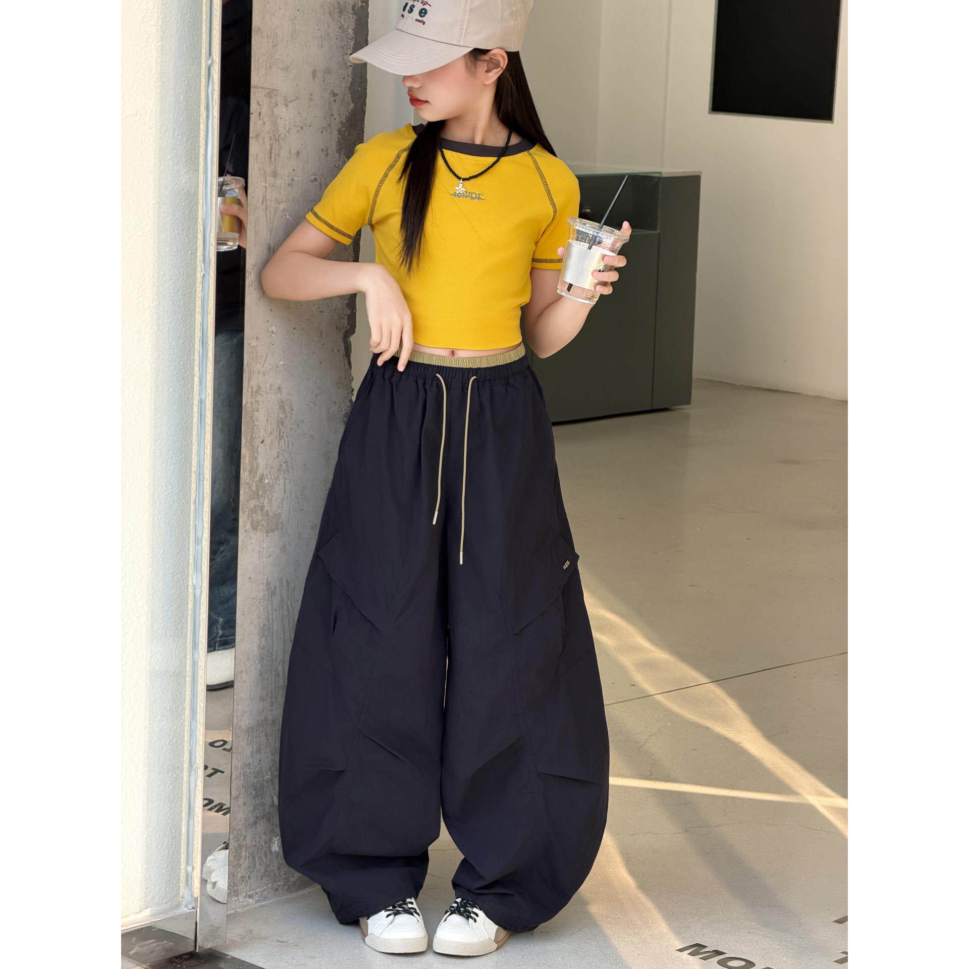 装网装潮大女童阔腿裤工装裤长裤红拼腰儿童春装休闲洋气童女裤子