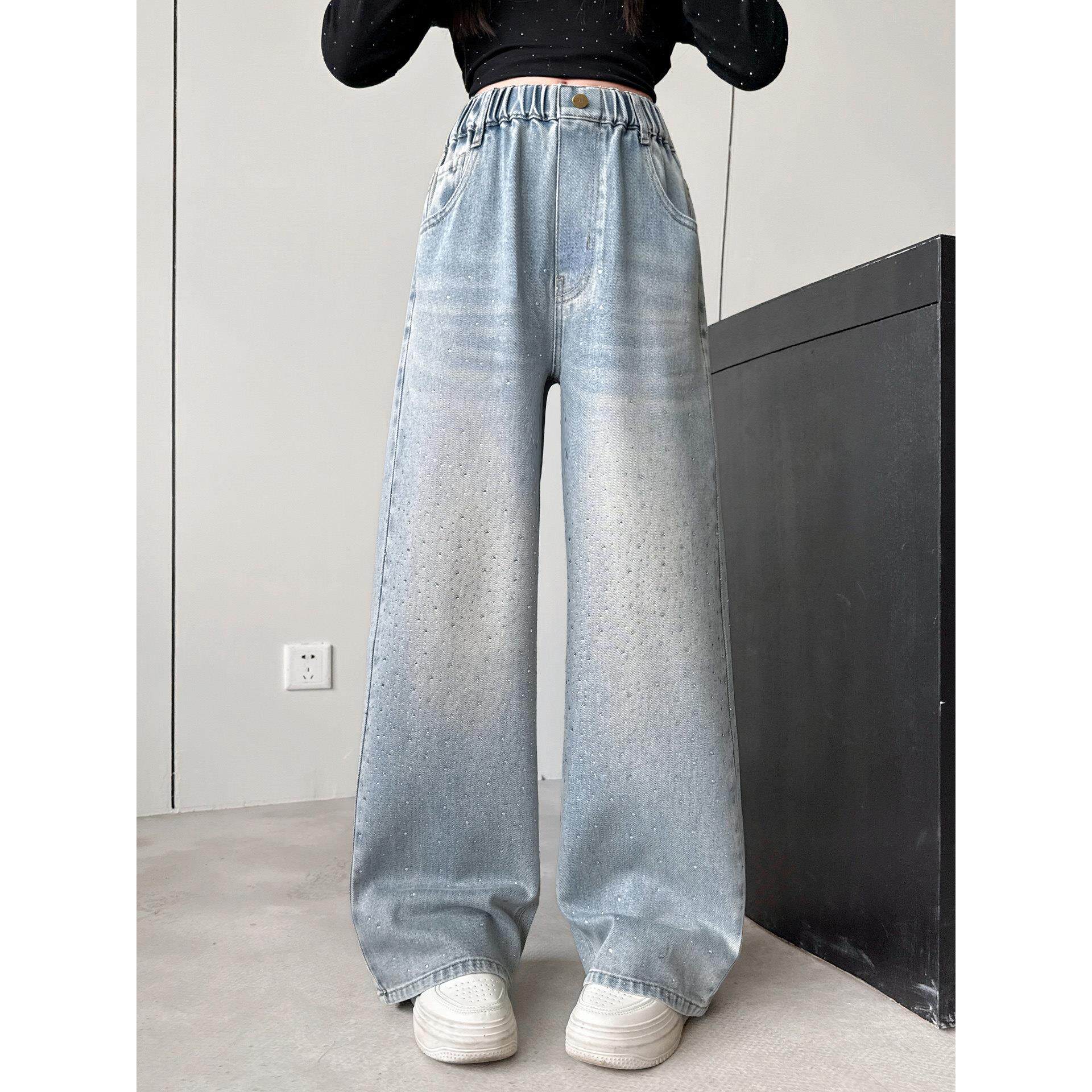 亮裤子儿童钻浅色牛仔裤中大童直筒裤女童腿春秋新款满天星洋气阔