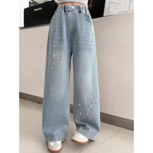 裤子钻阔腿裤牛仔裤春秋2026立体女童休闲中大童花朵新款潮亮片烫