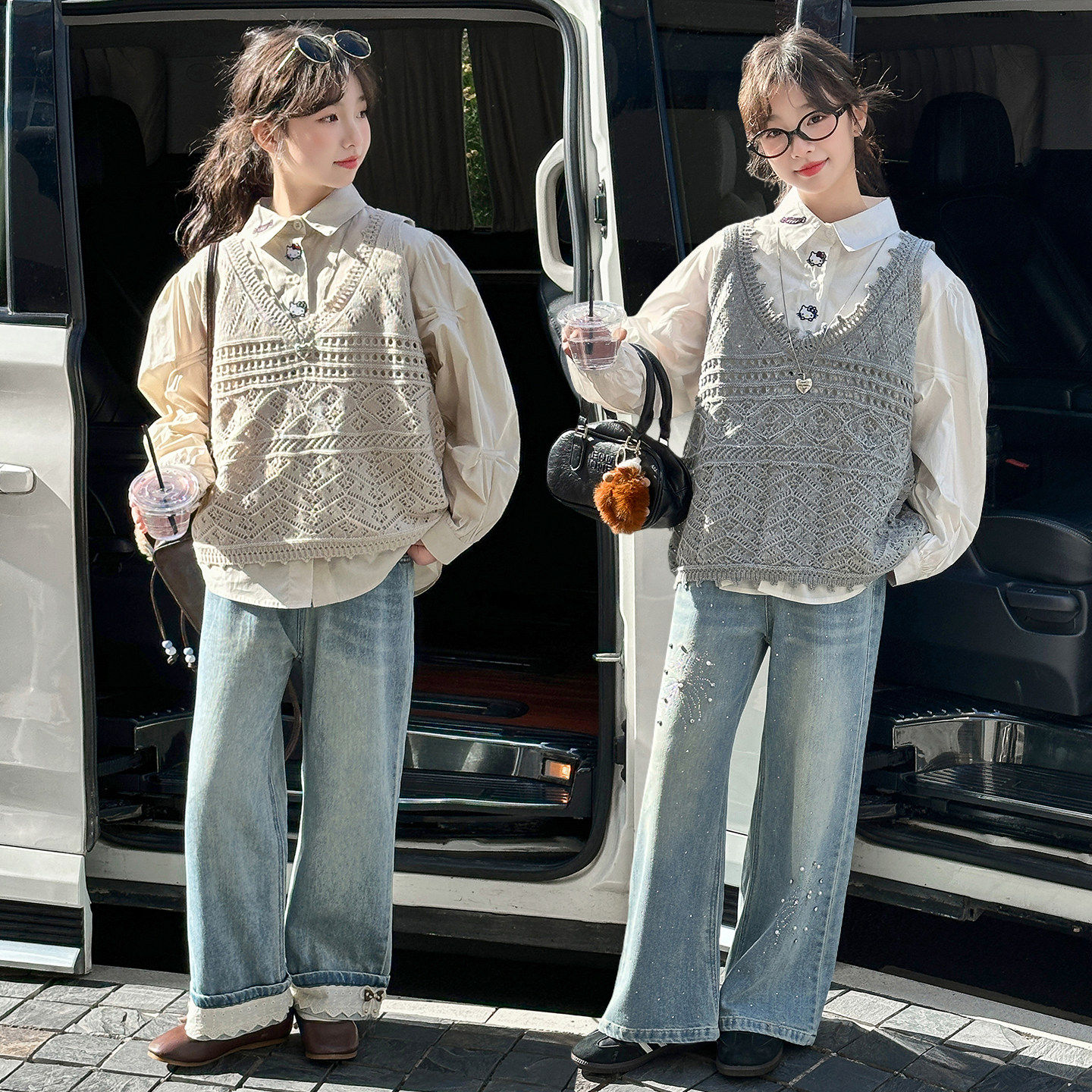 套装马甲女童韩系花边牛仔裤刺绣2026女孩春装毛线衬衫三件套新款