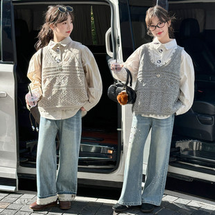 套装马甲女童韩系花边牛仔裤刺绣2026女孩春装毛线衬衫三件套新款