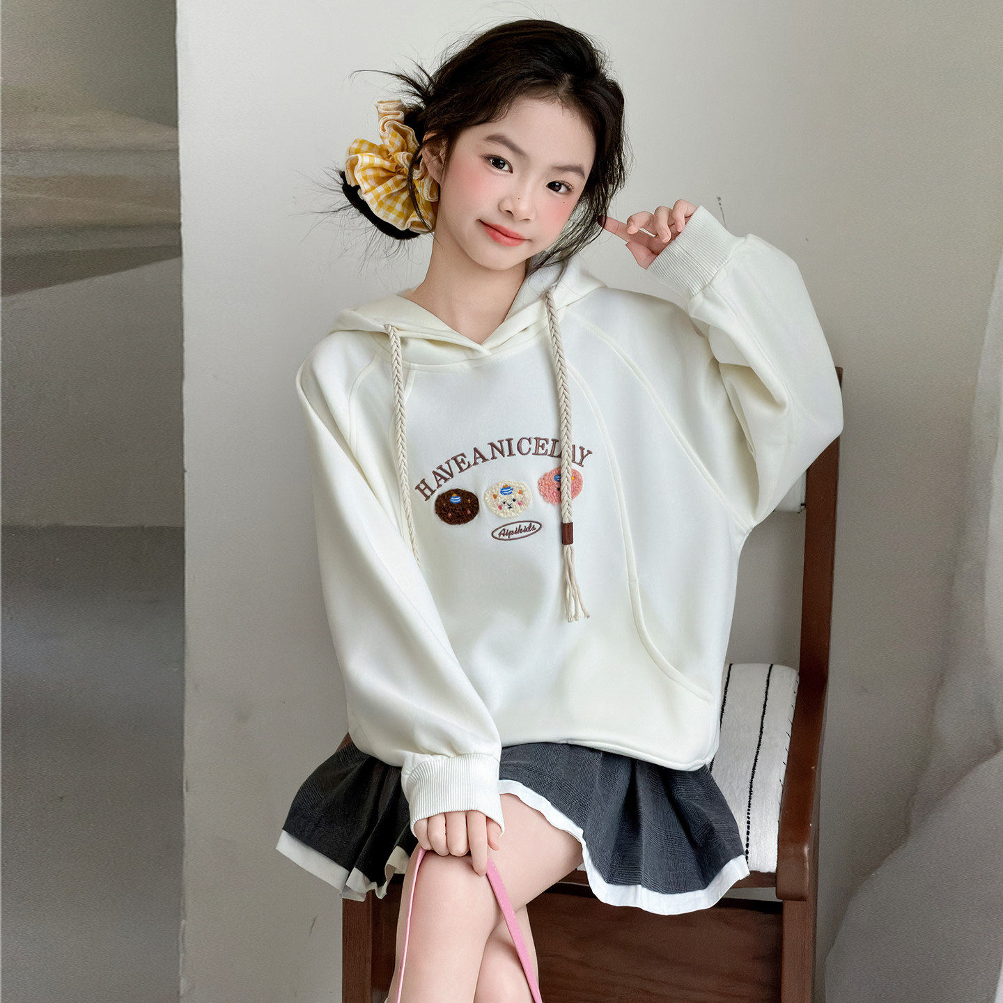 大春装女孩韩系卫衣帽衫针织春秋衣服装款百搭儿童女童宽松连帽上