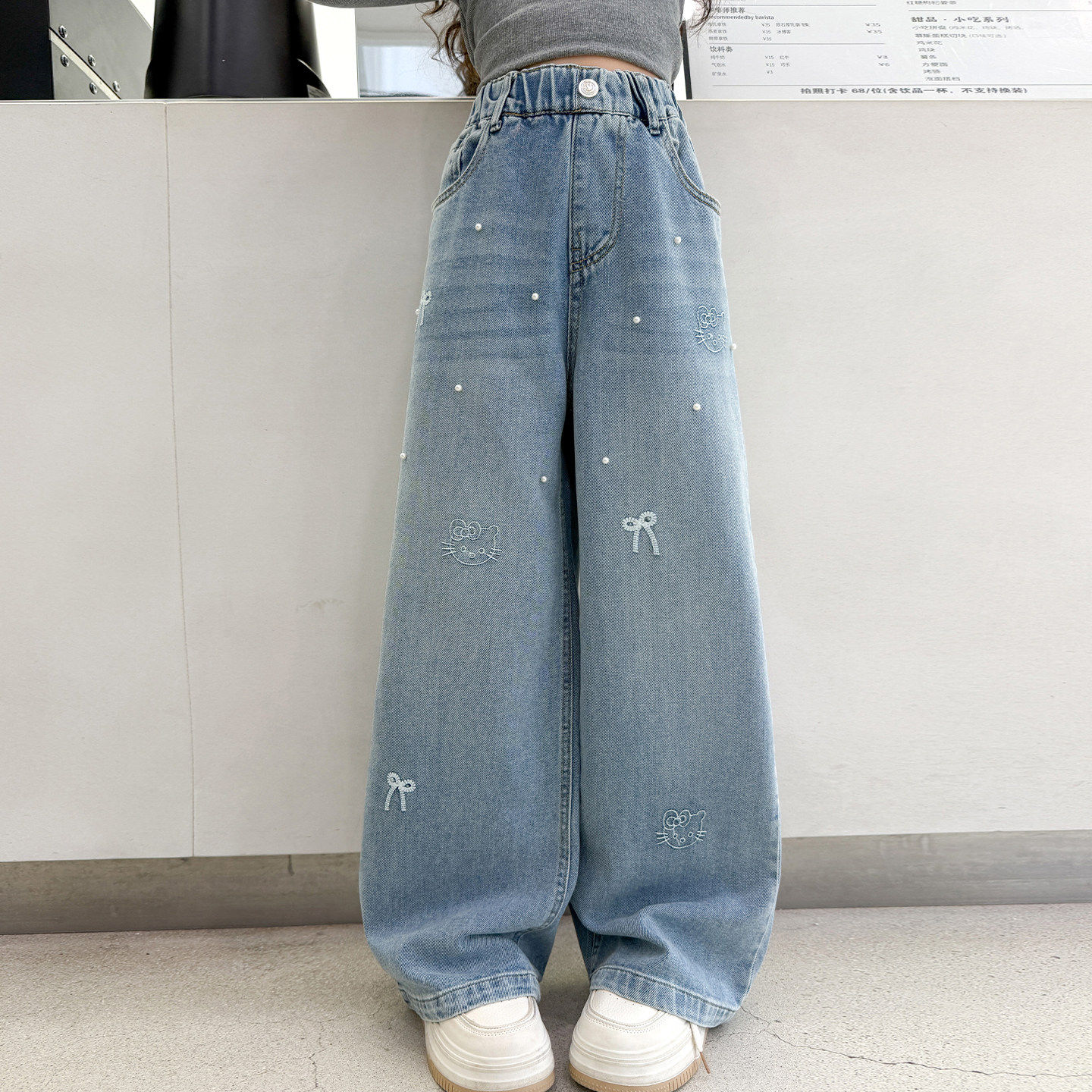 儿童款春秋弯刀珍珠裤子休闲水洗牛仔裤2026洋气女童新款春装直筒