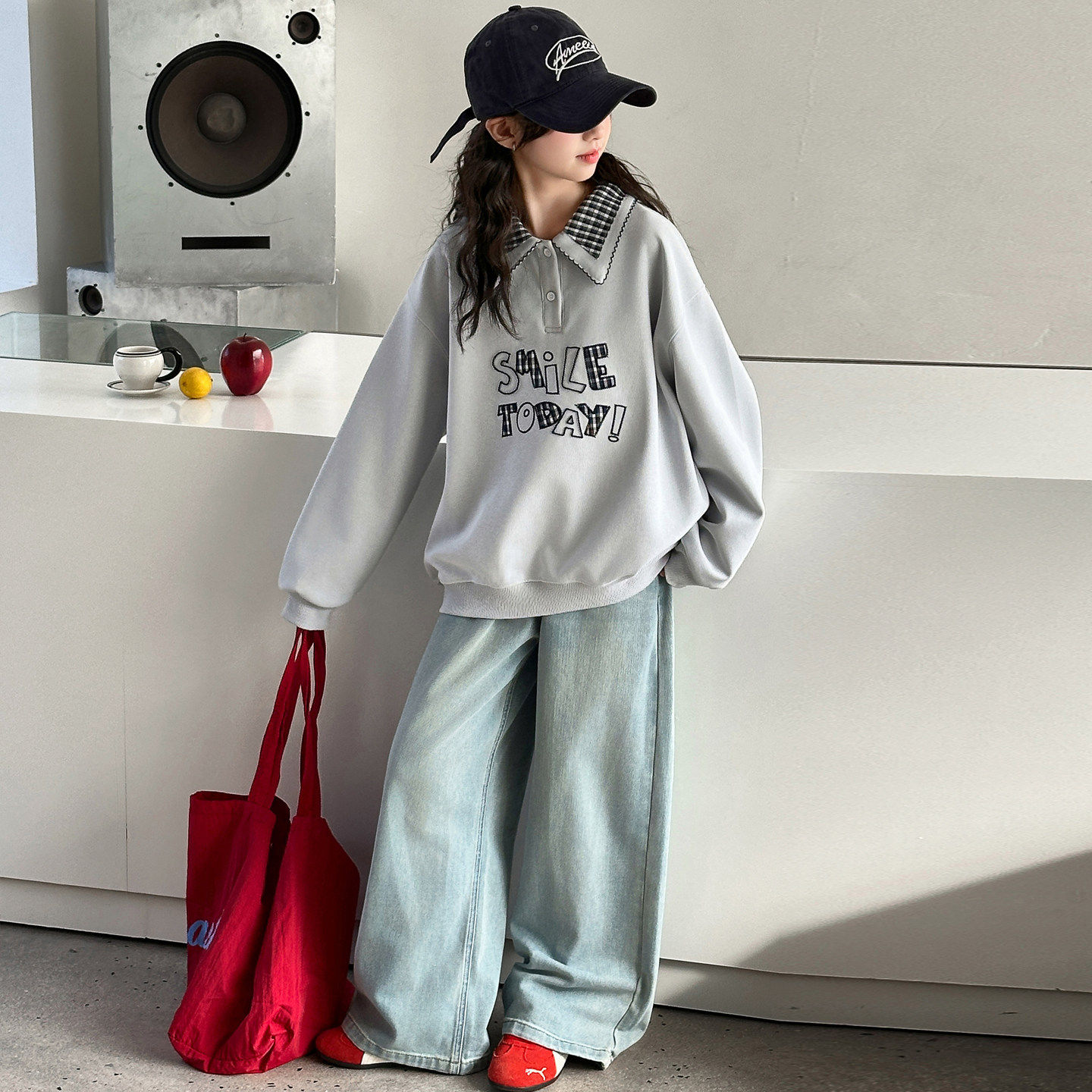 韩系春款春秋卫衣新款女大童女童搭2026套装穿翻领格子牛仔裤拼接
