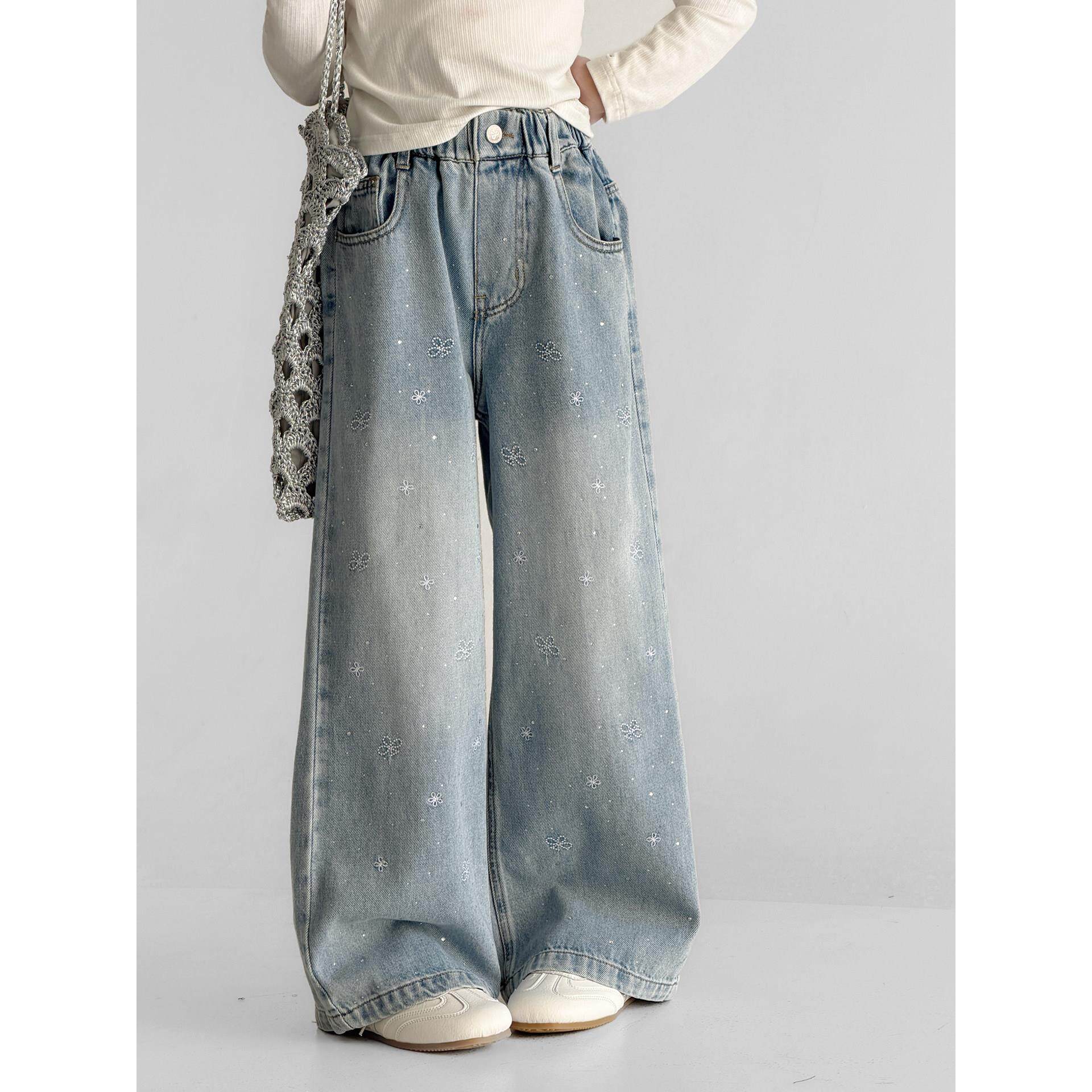 儿童装烫重工装超大童女外穿好看钻阔腿裤春季牛仔裤裤子网红女童