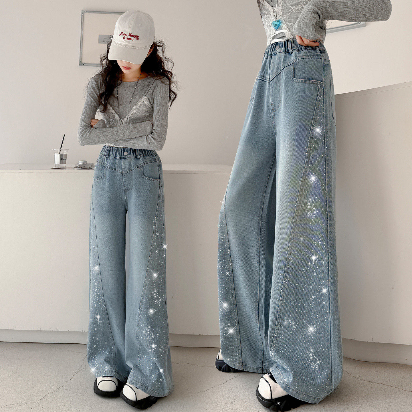 春装宽松儿童阔腿裤女童韩版款烫钻春天牛仔裤春秋春季女大童裤子