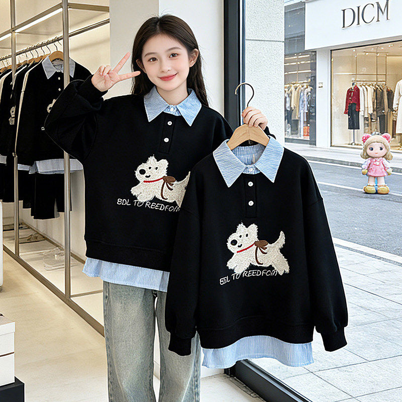 春装假大童女童上衣2026两件卫衣新款洋气宽松衣服大童春秋季女孩