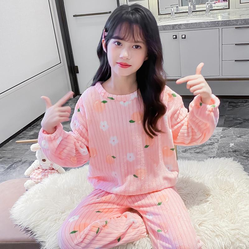 儿童秋冬睡衣法兰绒家居服女童套头套装两件套珊瑚绒保暖居家休闲