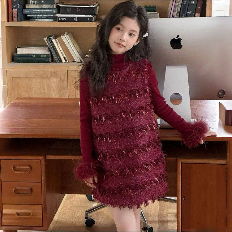 两件套弹力红色小女童长袖裙背心香风针织衫套装新年亮片新款春装