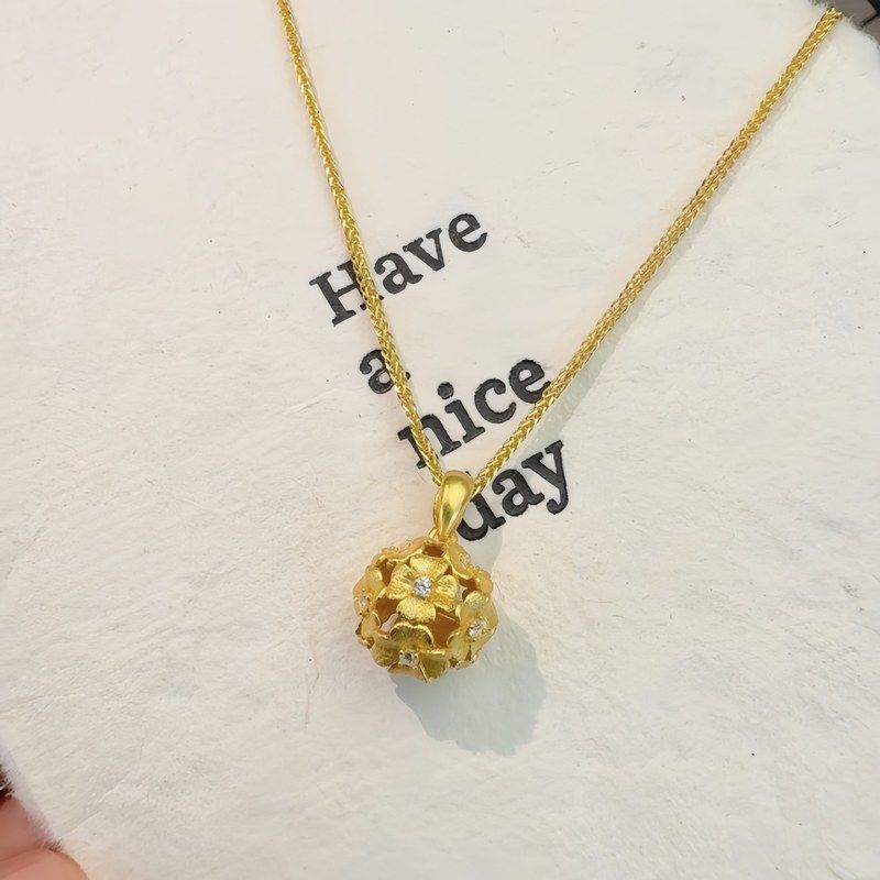 足银9999镀金微镶花球套链女士高级感轻奢镂空吊坠纯银送礼时尚锁