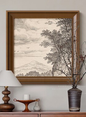 风景线稿素描挂画法式复古客厅装饰画美拉德中古餐厅玄关卧室壁画