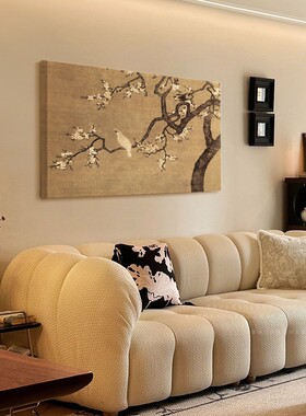 杏花双雉横版床头装饰画中古风